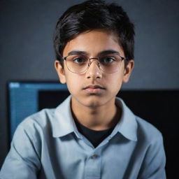 Portrait of a young Pakistani boy portraying a hacker, focusing on elements like coding lines on computer screen, glasses, and a determined expression