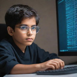 Portrait of a young Pakistani boy portraying a hacker, focusing on elements like coding lines on computer screen, glasses, and a determined expression