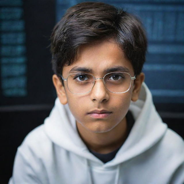 Portrait of a young Pakistani boy portraying a hacker, focusing on elements like coding lines on computer screen, glasses, and a determined expression