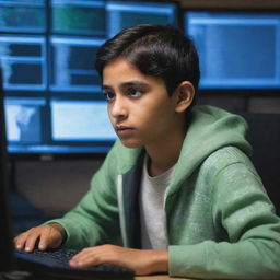 A young Pakistani boy intently focusing on a computer screen, surrounded by codes, virtual maps, and technological devices, depicting him as a talented hacker.