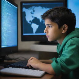 A young Pakistani boy intently focusing on a computer screen, surrounded by codes, virtual maps, and technological devices, depicting him as a talented hacker.