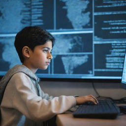 A young Pakistani boy intently focusing on a computer screen, surrounded by codes, virtual maps, and technological devices, depicting him as a talented hacker.