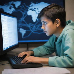 A young Pakistani boy intently focusing on a computer screen, surrounded by codes, virtual maps, and technological devices, depicting him as a talented hacker.