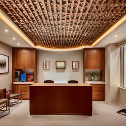 Elegant advocate office interior, 270 sq. ft. with two cabinets, waiting area, professional furniture, intricate ceiling, dimensions 27x10 ft, contemporary style.