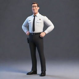 Full body depiction of a man officer wearing black trousers and a white shirt in a Pixar-style animation