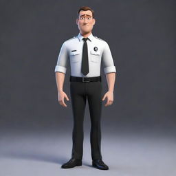 Full body depiction of a man officer wearing black trousers and a white shirt in a Pixar-style animation