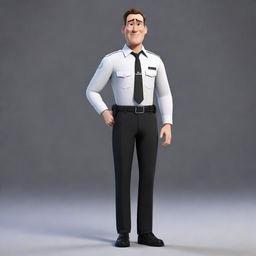 Full body depiction of a man officer wearing black trousers and a white shirt in a Pixar-style animation