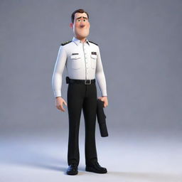 Full body depiction of a man officer wearing black trousers and a white shirt in a Pixar-style animation