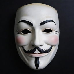 A strikingly detailed image of the iconic 'Anonymous' mask, its eerie white face, stark black eyebrows, and upturned mustache, set against a mysterious dark background.