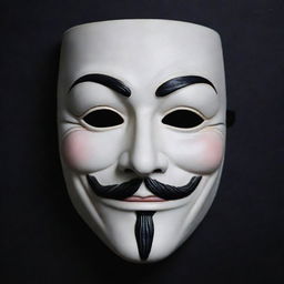 A strikingly detailed image of the iconic 'Anonymous' mask, its eerie white face, stark black eyebrows, and upturned mustache, set against a mysterious dark background.