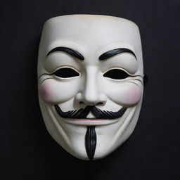 A strikingly detailed image of the iconic 'Anonymous' mask, its eerie white face, stark black eyebrows, and upturned mustache, set against a mysterious dark background.