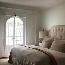 A cozy bedroom featuring a plush bed against a wall, a window allowing soft natural light, and an elegant door.