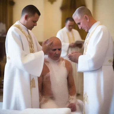During the baptism ceremony, the priest performed a transformation of the person's spiritual state as they were cleansed of their sins.