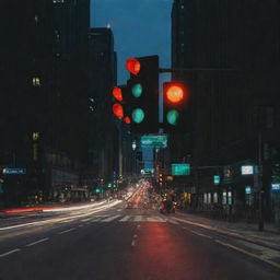 A cityscape with six illuminated traffic lights.