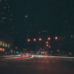 A cityscape with six illuminated traffic lights.