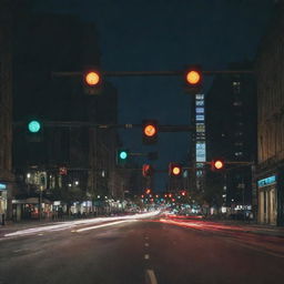 A cityscape with six illuminated traffic lights.