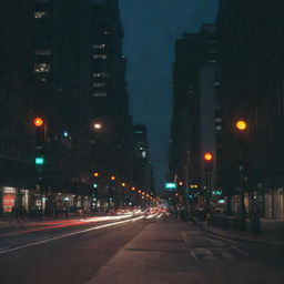 A cityscape with six illuminated traffic lights.