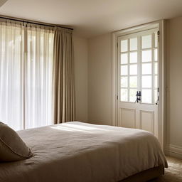 A cozy bedroom featuring a plush bed against a wall, a window allowing soft natural light, and an elegant door.