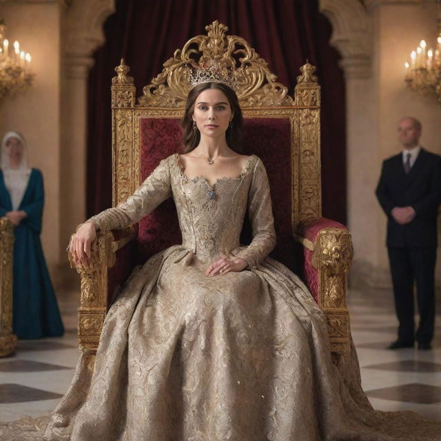 A humble woman in modest clothing, with an expression of determination, approaching a grandiose throne where a regal king sits in a lavish royal court.