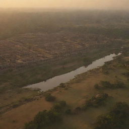 An emotive still image showcasing the Kingdom of Hampi at dawn. Either an expansive landscape or detailed close up shot of the riverside cityscape from an aerial perspective.