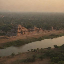 An emotive still image showcasing the Kingdom of Hampi at dawn. Either an expansive landscape or detailed close up shot of the riverside cityscape from an aerial perspective.