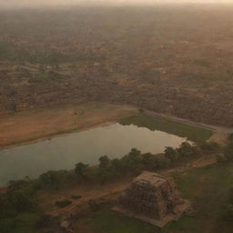 An emotive still image showcasing the Kingdom of Hampi at dawn. Either an expansive landscape or detailed close up shot of the riverside cityscape from an aerial perspective.