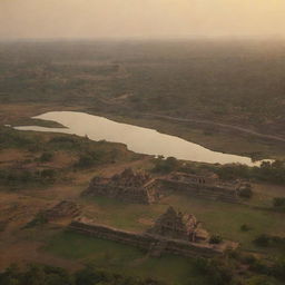 An emotive still image showcasing the Kingdom of Hampi at dawn. Either an expansive landscape or detailed close up shot of the riverside cityscape from an aerial perspective.