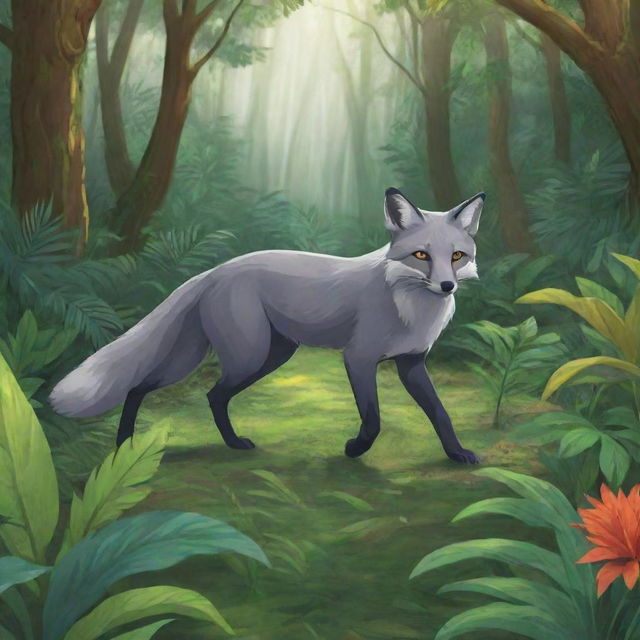 Anime style illustration of a grey fox roaming around in a lush, vibrant jungle.