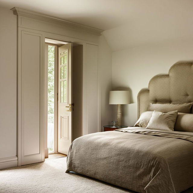 A cozy bedroom featuring a plush bed against a wall, a window allowing soft natural light, and an elegant door.