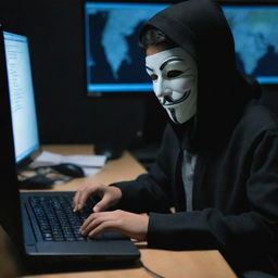 A young Pakistani boy, depicted as an adept hacker, working intently on a computer with codes and virtual maps around him, while wearing the iconic 'Anonymous' mask.