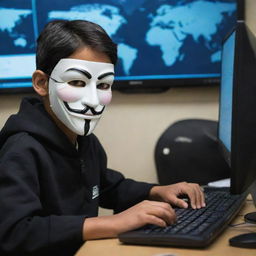 A young Pakistani boy, depicted as an adept hacker, working intently on a computer with codes and virtual maps around him, while wearing the iconic 'Anonymous' mask.