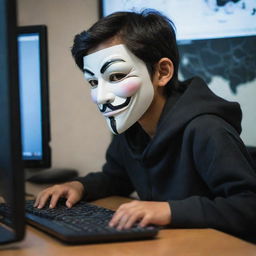 A young Pakistani boy, depicted as an adept hacker, working intently on a computer with codes and virtual maps around him, while wearing the iconic 'Anonymous' mask.