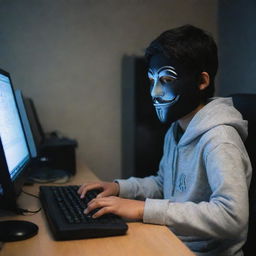 A young Pakistani boy, depicted as an adept hacker, working intently on a computer with codes and virtual maps around him, while wearing the iconic 'Anonymous' mask.