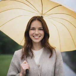 A charming individual holding an umbrella, their face illuminated by a radiant smile, appearing to gaze towards the viewer.