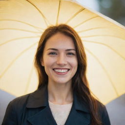 A charming individual holding an umbrella, their face illuminated by a radiant smile, appearing to gaze towards the viewer.