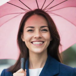 A charming individual holding an umbrella, their face illuminated by a radiant smile, appearing to gaze towards the viewer.