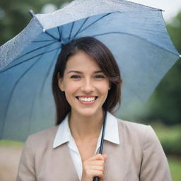 A charming individual holding an umbrella, their face illuminated by a radiant smile, appearing to gaze towards the viewer.