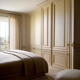 A cozy bedroom featuring a plush bed against a wall, a window allowing soft natural light, and an elegant door.