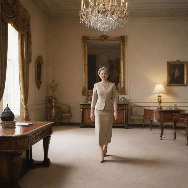 A humble woman in simple attire, walking determinedly towards a sumptuous office, richly adorned with royal emblems, where a king sits behind a grand desk.