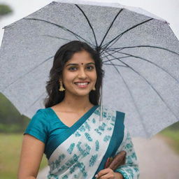 A captivating individual donned in a beautifully patterned saree holds an umbrella, their enchanting smile directed towards the viewer.