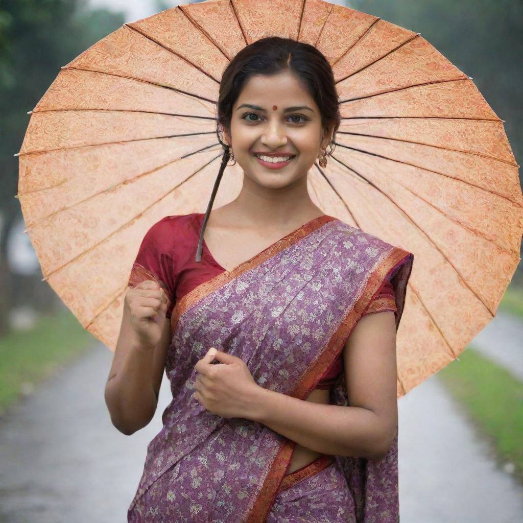 A captivating individual donned in a beautifully patterned saree holds an umbrella, their enchanting smile directed towards the viewer.