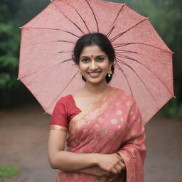 A captivating individual donned in a beautifully patterned saree holds an umbrella, their enchanting smile directed towards the viewer.