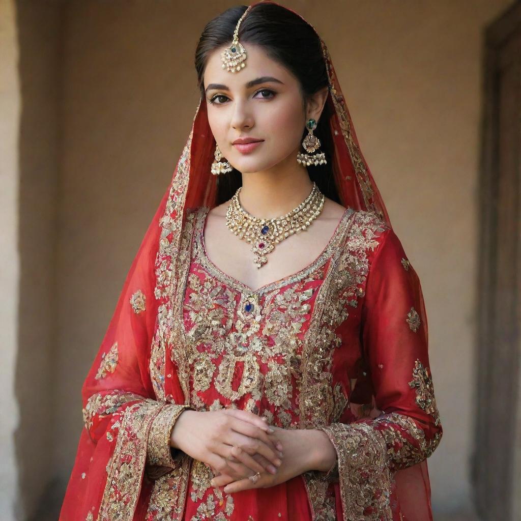 A Pakistani girl elegantly dressed in traditional attire, enriched by vibrant colors, intricate embroidery and stunning jewelry, embodying the essence of Pakistani fashion.