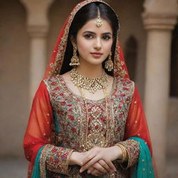 A Pakistani girl elegantly dressed in traditional attire, enriched by vibrant colors, intricate embroidery and stunning jewelry, embodying the essence of Pakistani fashion.