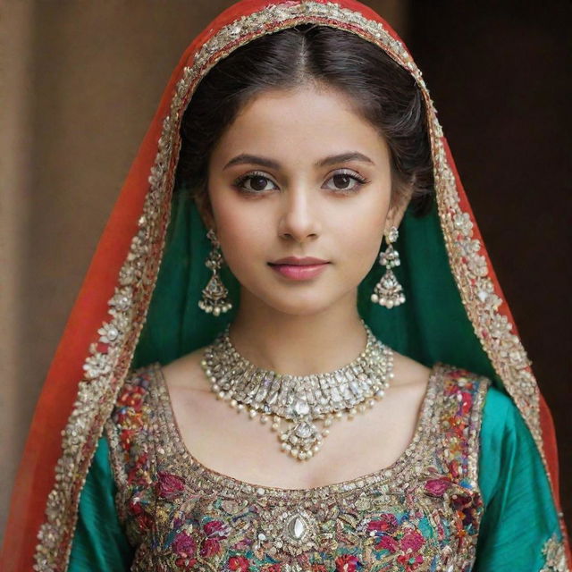 A Pakistani girl elegantly dressed in traditional attire, enriched by vibrant colors, intricate embroidery and stunning jewelry, embodying the essence of Pakistani fashion.