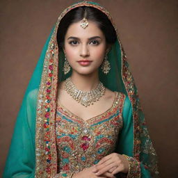 A Pakistani girl elegantly dressed in traditional attire, enriched by vibrant colors, intricate embroidery and stunning jewelry, embodying the essence of Pakistani fashion.