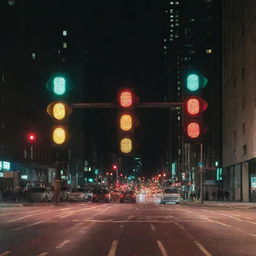 Six illuminated traffic lights aligned vertically within an urban cityscape.