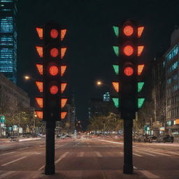Six illuminated traffic lights aligned vertically within an urban cityscape.