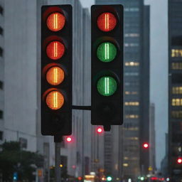 Six illuminated traffic lights aligned vertically within an urban cityscape.