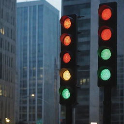 Six illuminated traffic lights aligned vertically within an urban cityscape.